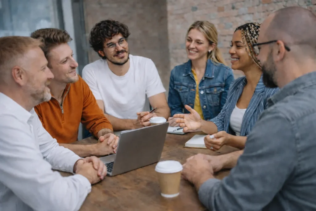 Diverses Team bei einer Besprechung am Holztisch mit Laptop und Kaffee in einem modernen Büro mit Backsteinwand